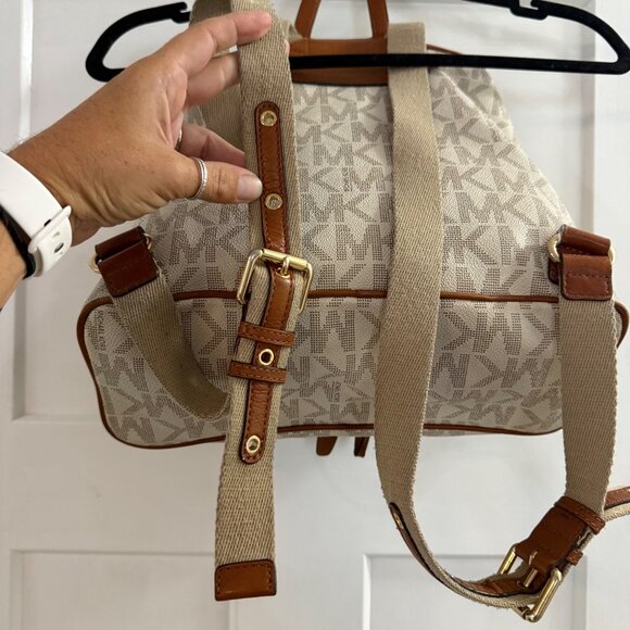 Michael Kors Monogram Canvas Backpack With Leather Trim & Gold Accents - Picture 7 of 12